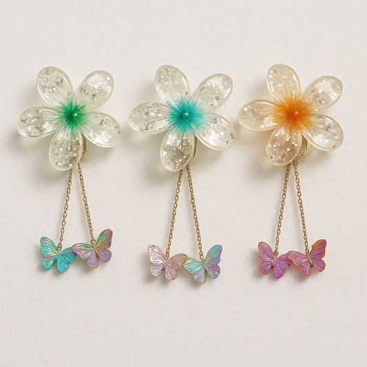 Butterfly Flower Hair Clips Set for Girls – Cute Dangling Hair Accessories (Set of 3)