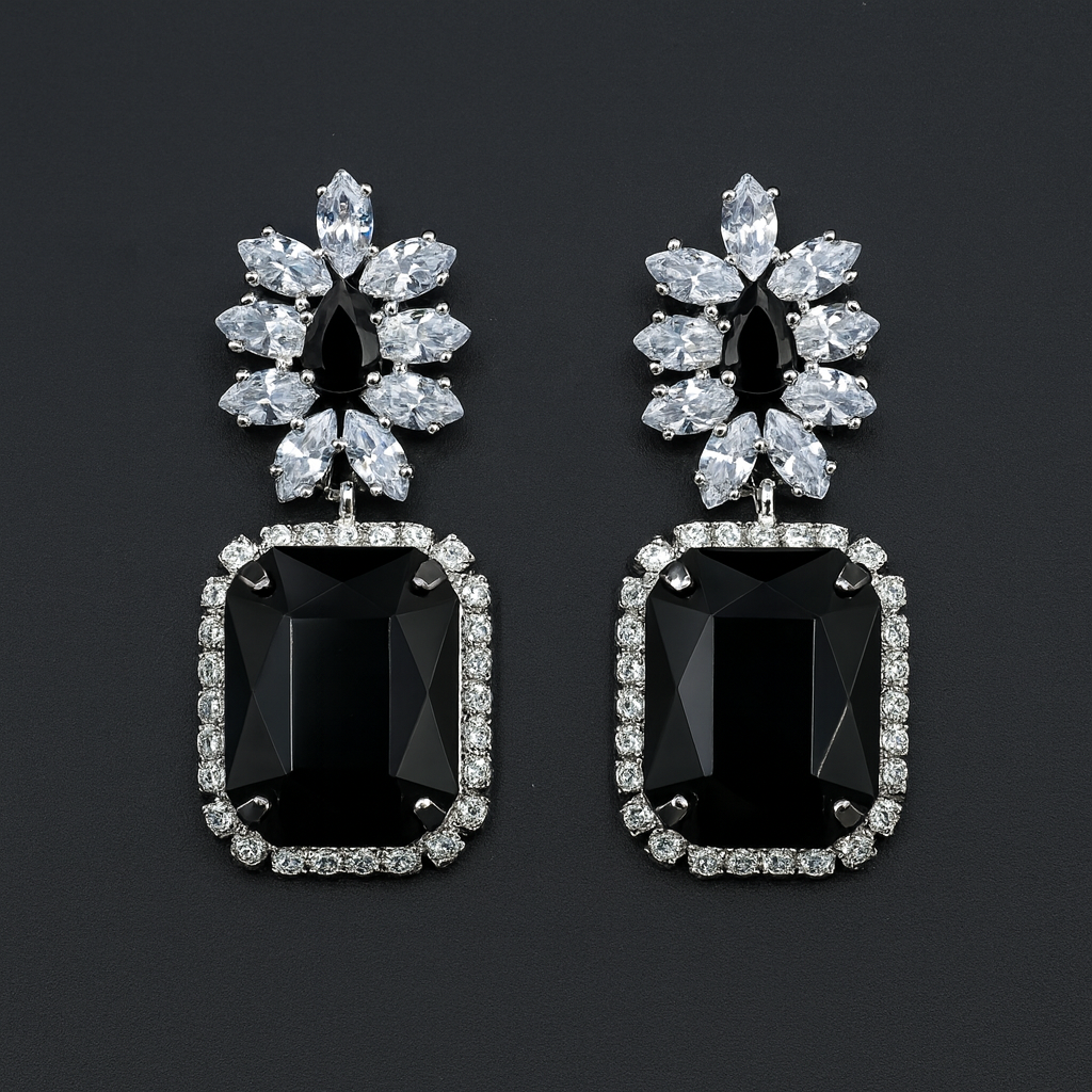 Pretty & Pure | Noir Royale Emerald-Cut Black Luxury Jhumkas