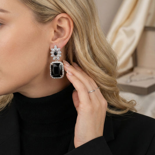 Pretty & Pure | Noir Royale Emerald-Cut Black Luxury Jhumkas