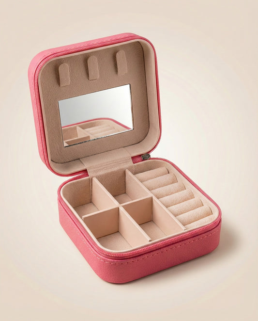 Premium Pink Jewelry Storage Box with Mirror for Women – Travel & Daily Use Organizer